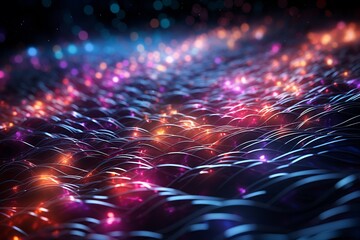 Immerse yourself in the mesmerizing beauty of this visually stunning abstract tech background. Illuminated fiber optic connections weave together in a sophisticated network system, inspired by quantum - obrazy, fototapety, plakaty