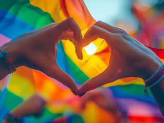 Hands forming a heart shape against a background of a flag in rainbow colors - Powered by Adobe
