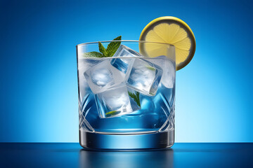 Blue Cocktail Drink with Ice Cubes and Lemon Slice Isolated on Blue Background