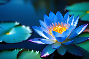 Close-up of a stunning blue water lily in a serene pond surrounded by lush green lily pads