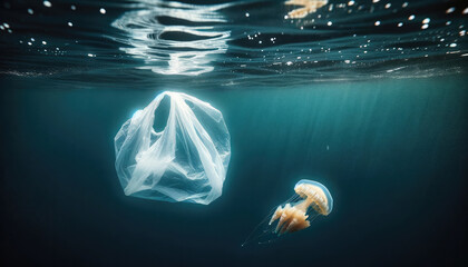 Jellyfish and Plastic Bag Drifting in Ocean Waters - The dire issue of oceanic plastic pollution and waste issue.