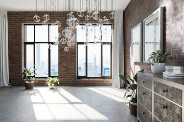 luxurious loft apartment with floor-to-ceiling windows and panoramic view; glass hanging lamps; modern minimalistic interior design of living room area; bright daylight; 3D rendering