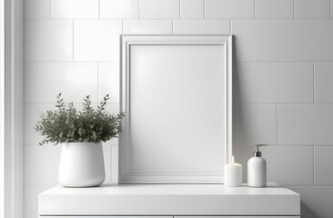 White picture frame mockup on a white shelf with decorative items and green plants