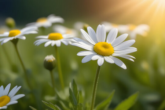 White daisy flowers in a field with a blurred background.
