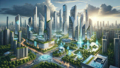 Futuristic Skyline of a Green Smart City Metropolis - a futuristic metropolis with advanced smart city architecture, showcasing a harmonious blend of technology and urban development.
 - obrazy, fototapety, plakaty