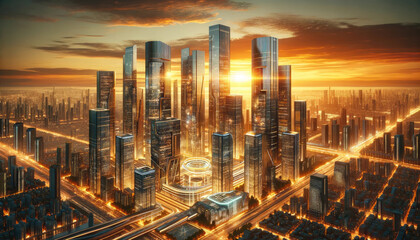 sunset over the city Sunset Over a High-Tech Urban Skyline
