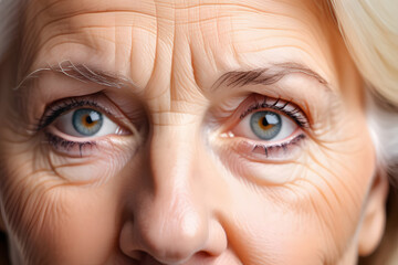 Close-up of a womans face with wrinkles and crows feet, conveying wisdom and experience