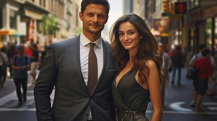 Fototapeta premium A beautiful young woman and a serious businessman standing together on a bustling city street