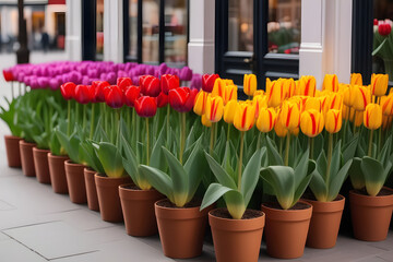 Vibrant Tulips in Colorful Pots Arranged in a Row on a Beautiful City Street