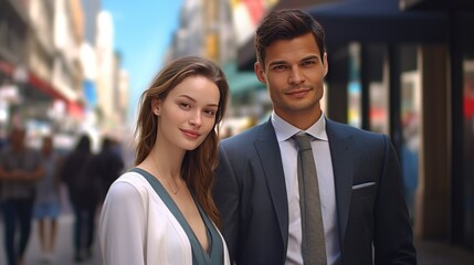 A beautiful young woman and a serious businessman standing together on a bustling city street