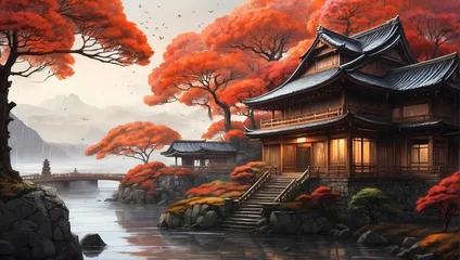 Fototapeten Beautiful Japanese  temple in the morning watercolour style.Generaive AI © RizkiCreative