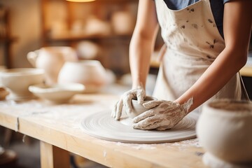 Hands molding clay to create a ceramic piece in a pottery studio. Hobby and leisure time - obrazy, fototapety, plakaty