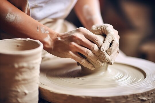 Side view of  caucasian female hands using pottery wheel and creating handmade ceramics