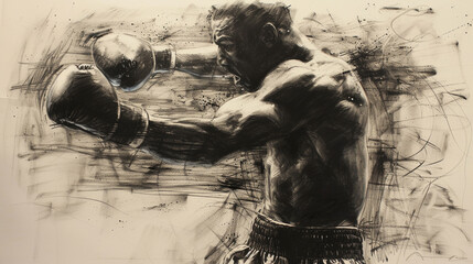 A boxer, sketch in black charcoal - obrazy, fototapety, plakaty