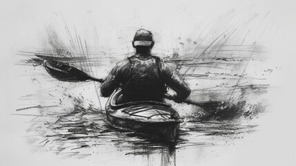 A canoeist on a river, black charcoal sketch