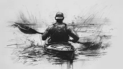 Foto op Canvas A canoeist on a river, black charcoal sketch © frimufilms