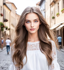 Attractive adult caucasian girl with long hair looking in camera against the backgroun of old european street. Generative AI - 723994858