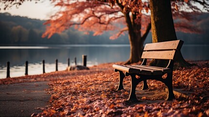 Autumn landscape with bench and trees UHD Wallpaper - obrazy, fototapety, plakaty