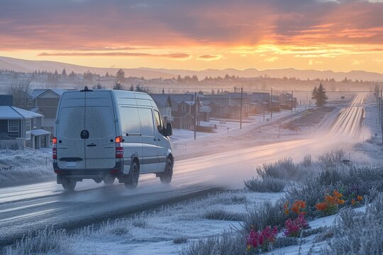 White van driving on a snowy road in a residential area