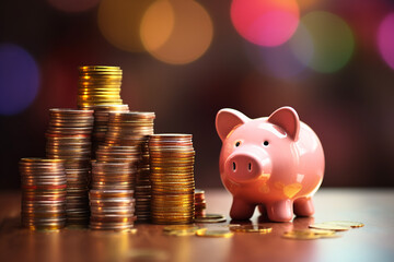 Piggy bank with coins on bokeh background, savings concept. Close-up of piggy bank coins stacked against green bokeh background. finance and money business concept Save money to prepare for the future