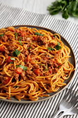 Homemade One-Pot Taco Spaghetti on a Plate, side view.