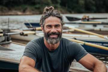 A casual, bearded man with a top knot hairstyle smiles warmly by a river, with rowboats in the background, suggesting an active, outdoor lifestyle - obrazy, fototapety, plakaty