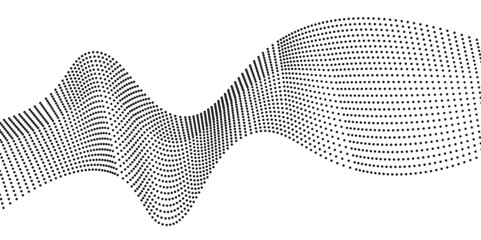 Flowing dots particles wave pattern 3D curve halftone black gradient curve shape isolated on white background. Vector in concept of technology, science, music, modern.