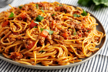 Homemade One-Pot Taco Spaghetti on a Plate, side view.