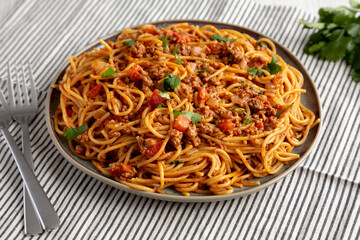 Homemade One-Pot Taco Spaghetti on a Plate, side view.