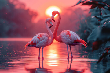 Romantic pink  Flamingos Forming Heart Shape at Sunset