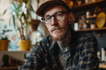 A man with a full beard and intricate neck tattoos wears glasses and a flat cap, looking pensive in a cozy, plant-filled room - 723995852