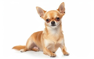 An adorable Chihuahua sits calmly, its soft fur and expressive eyes beautifully isolated against a white background.