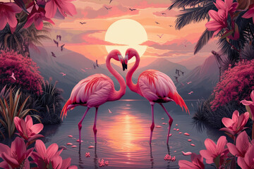 Romantic Pink Flamingo Birds  Forming Heart Shape at Sunset.