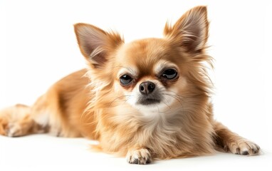Cute Chihuahua puppy with big ears and brown fur, laying down, isolated on a white background.