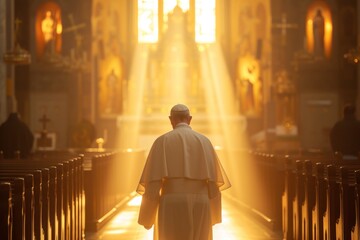 The Pope walked gracefully through the church. A symbol of faith, respect and hope, the light of blessing shines through the door.