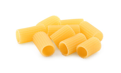 Pile of raw rigatoni pasta isolated on white