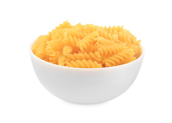 Raw fusilli pasta in bowl isolated on white