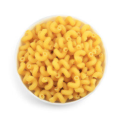 Raw cavatappi pasta in bowl isolated on white, top view