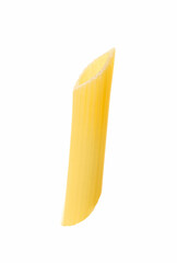 One piece of raw penne pasta isolated on white