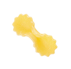 One piece of raw farfalline pasta isolated on white, top view