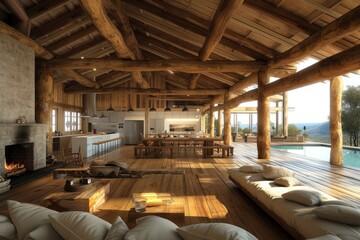 Fototapeta premium Open floor plan living room with wood beams and a wood burning fireplace