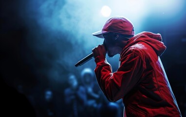 A dynamic rapper delivers a powerful performance on stage, illuminated by vibrant neon lights, captivating the audience with his rhythmic flow. - obrazy, fototapety, plakaty