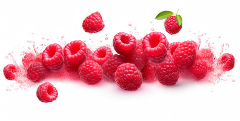 Fresh raspberries falling into water with splash on white background. Raspberries falling into water with splash isolated on white background.