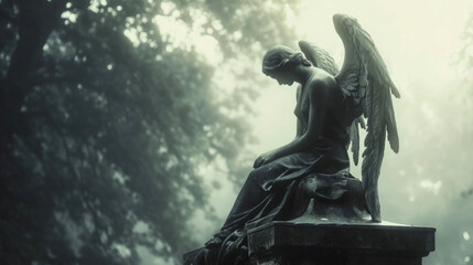 A dark angel perches on top of a crypt their wings spread wide as they keep watch over the resting souls.