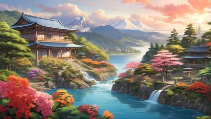 Beautiful waterfall japanese garden in the morning.Generative AI