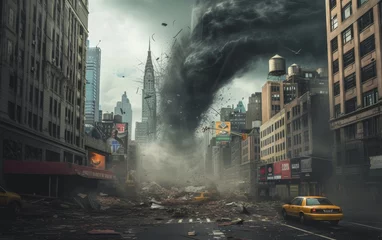  A dramatic scene of a tornado in a city, causing destruction and chaos amidst buildings and cars. © Artsaba Family