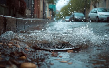 Close-up of water splashing around a street drain, capturing the dynamic movement of water droplets.