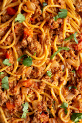 Homemade One-Pot Taco Spaghetti on a Plate, top view. Close-up.