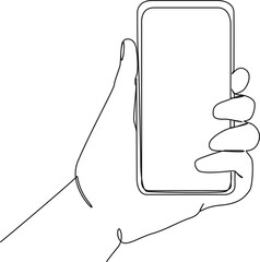 continuous single line drawing of hand holding smartphone, line art vector illustration