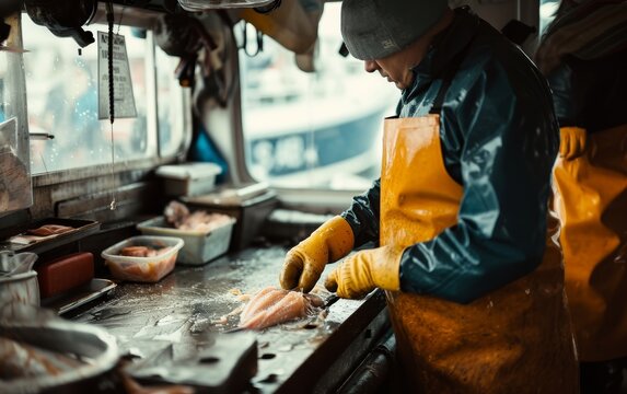 A worker on a ship, donned in an yellow apron and mittens, skillfully cuts fish, preparing it for the market.